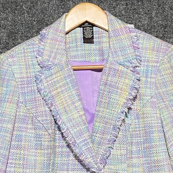 NY Collection Tweed Blazer Jacket Pastel Plaid Fringe Women's‎ S Career Bohemian - Picture 3 of 9